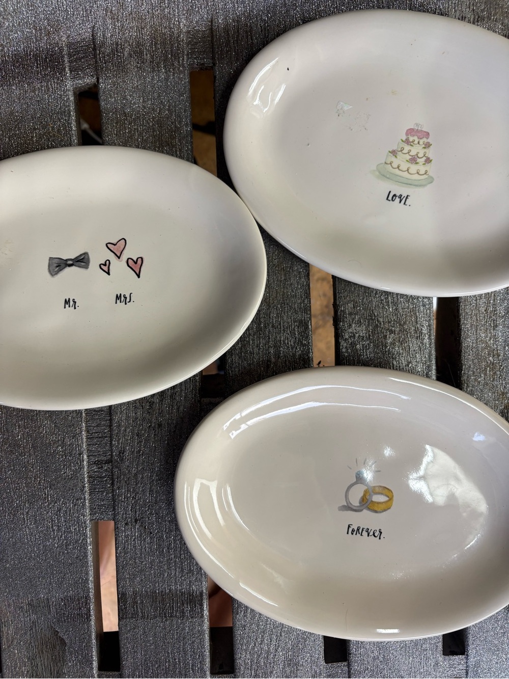 Rae Dunn White Ceramic Wedding Trinket Dish Set with Pink and Gold Accents